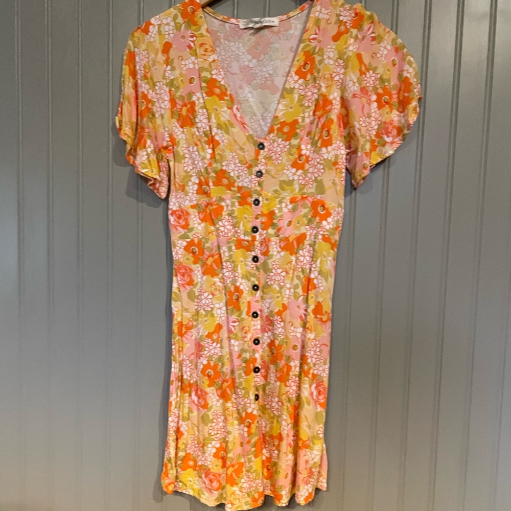 Rewind Floral V-Neck Midi Dress - Orange and Pink